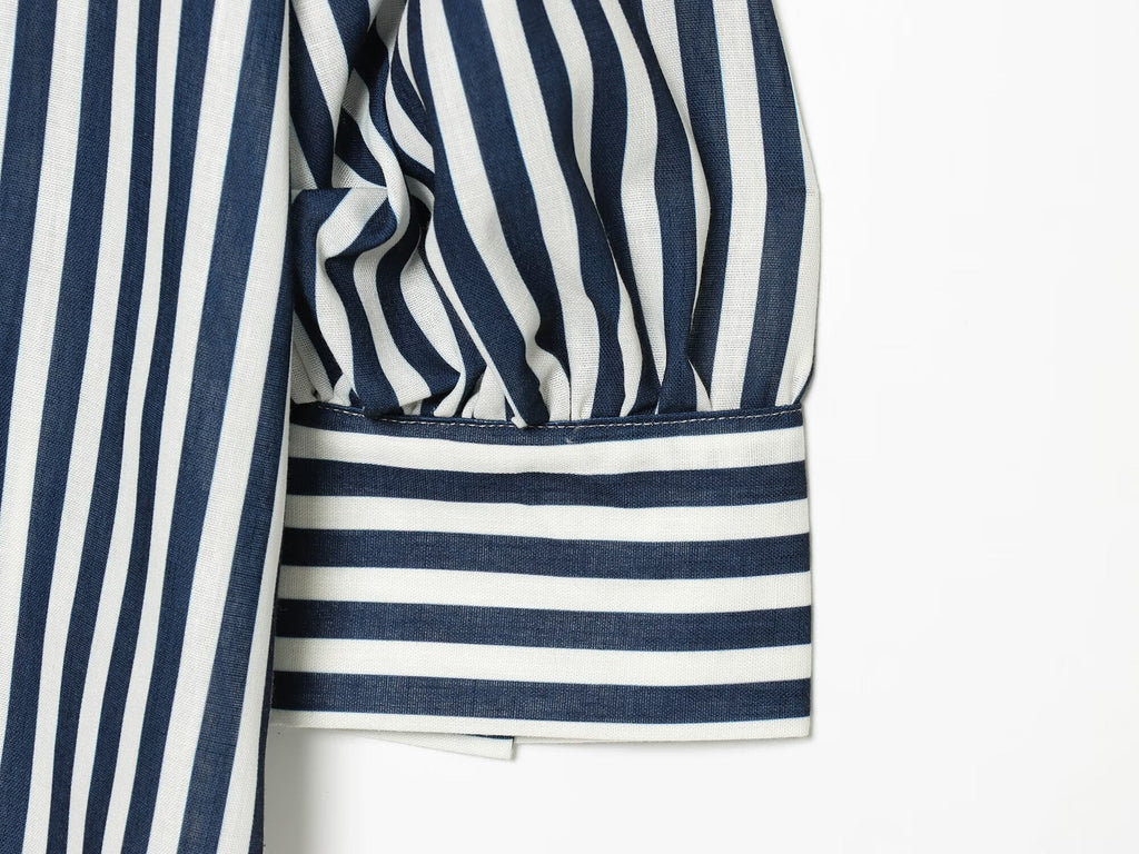 Women's bubble sleeve linen striped shirt