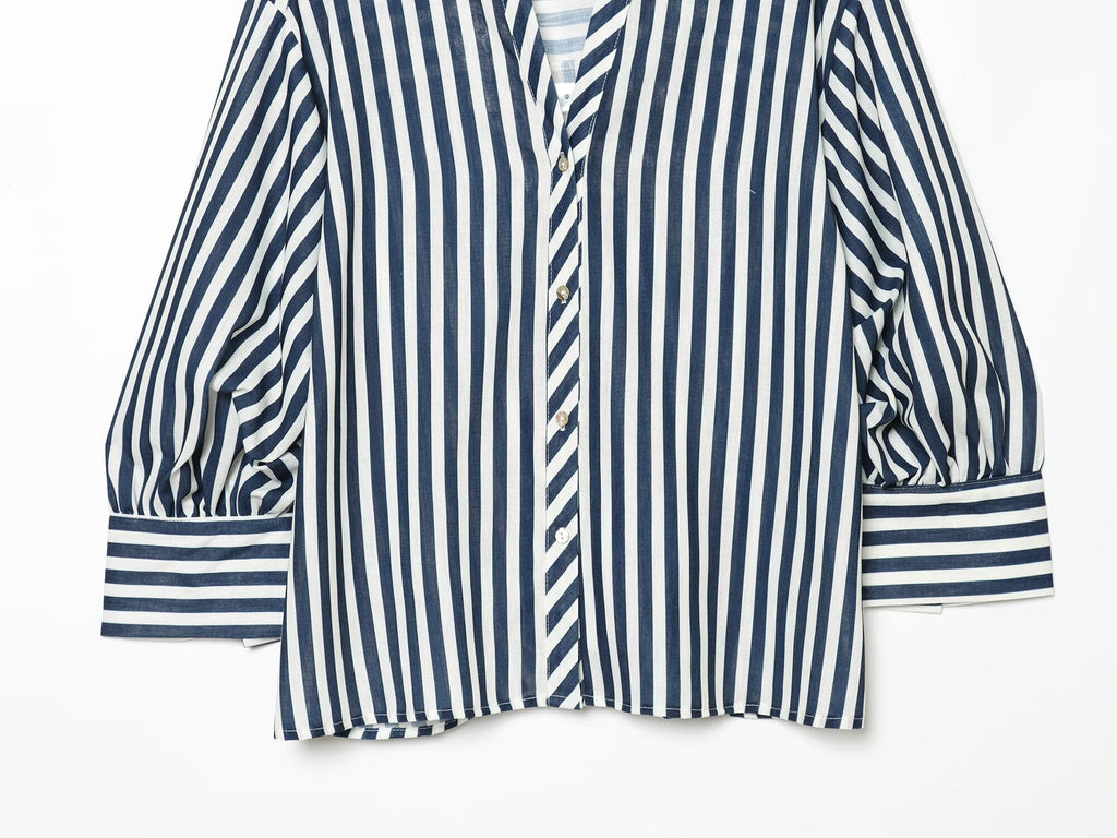 Women's bubble sleeve linen striped shirt