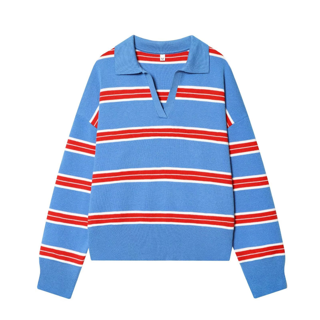 Women's casual striped knitted polo shirt