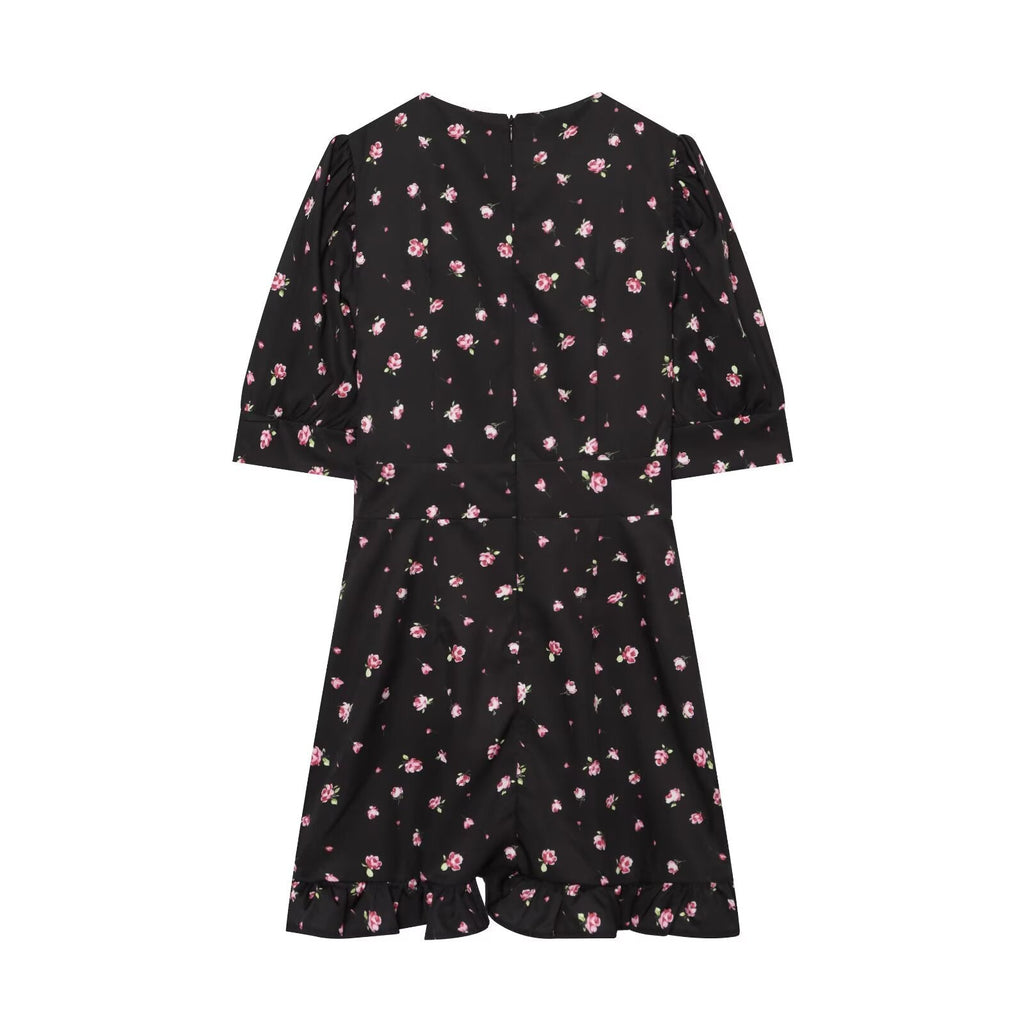 Women's slim V-neck printed mini dress