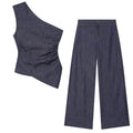 suit Women's 2 pieces pleated asymmetrical top+ wide leg pants