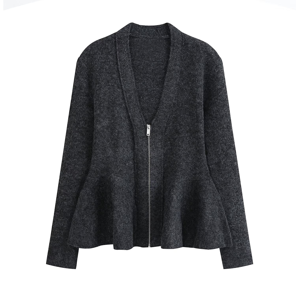 Women's short skirt style hem V-neck zipper Coat