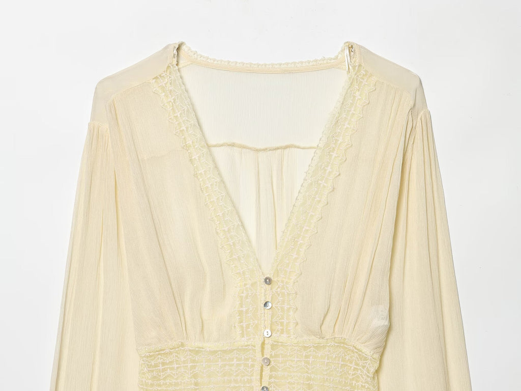 Women's slim V-neck lace chiffon shirt