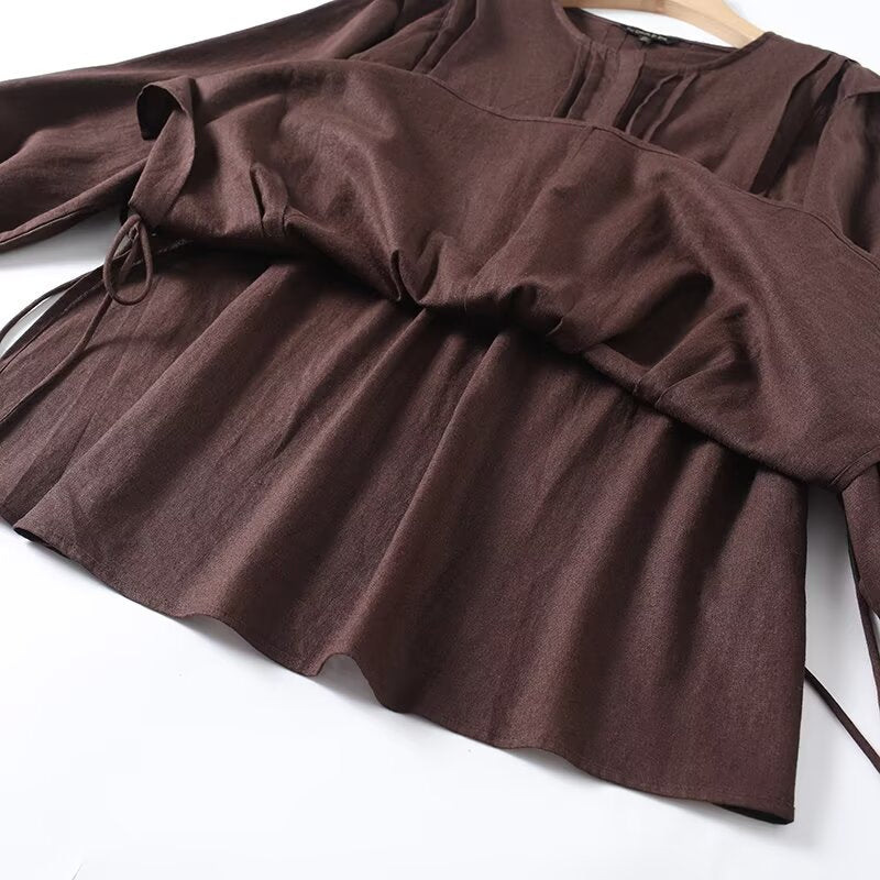 Women's ruffled long sleeved linen blend shirt