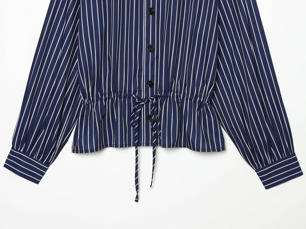 Women's with drawstring striped stand collar shirt