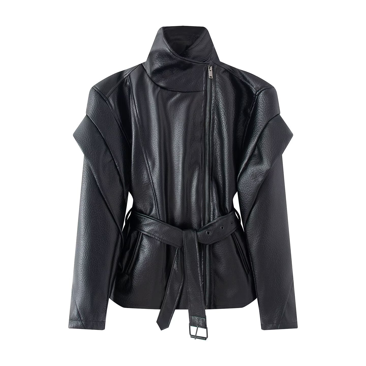 Women's high necked faux leather waistband jacket