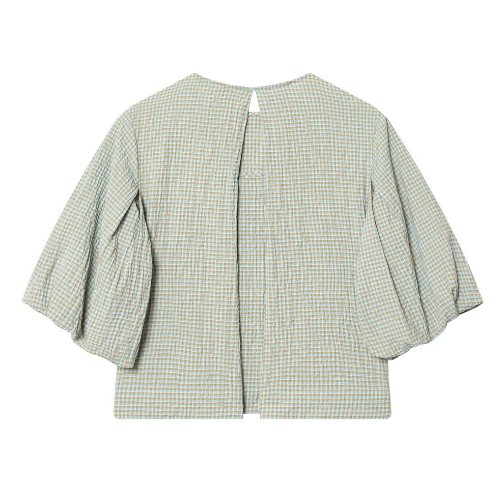 Women's O Neck balloon sleeve checkered top