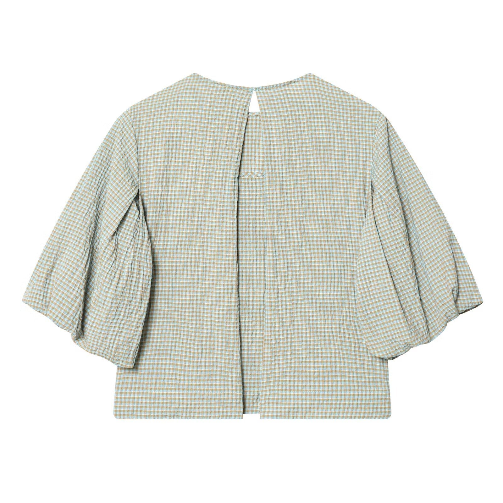 Women's O Neck balloon sleeve checkered top