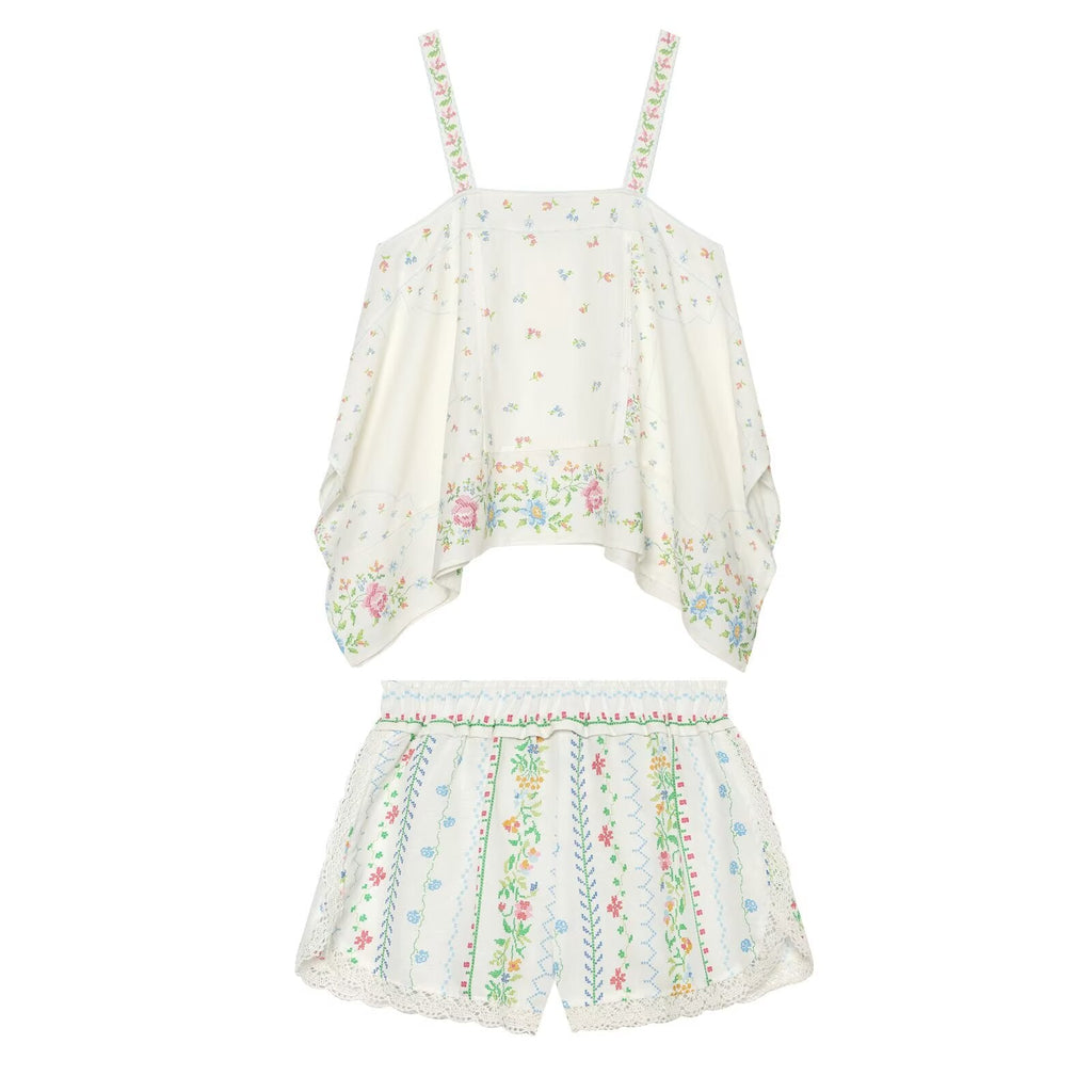 suit Women's 2 pieces linen blend printed asymmetrical top+shorts
