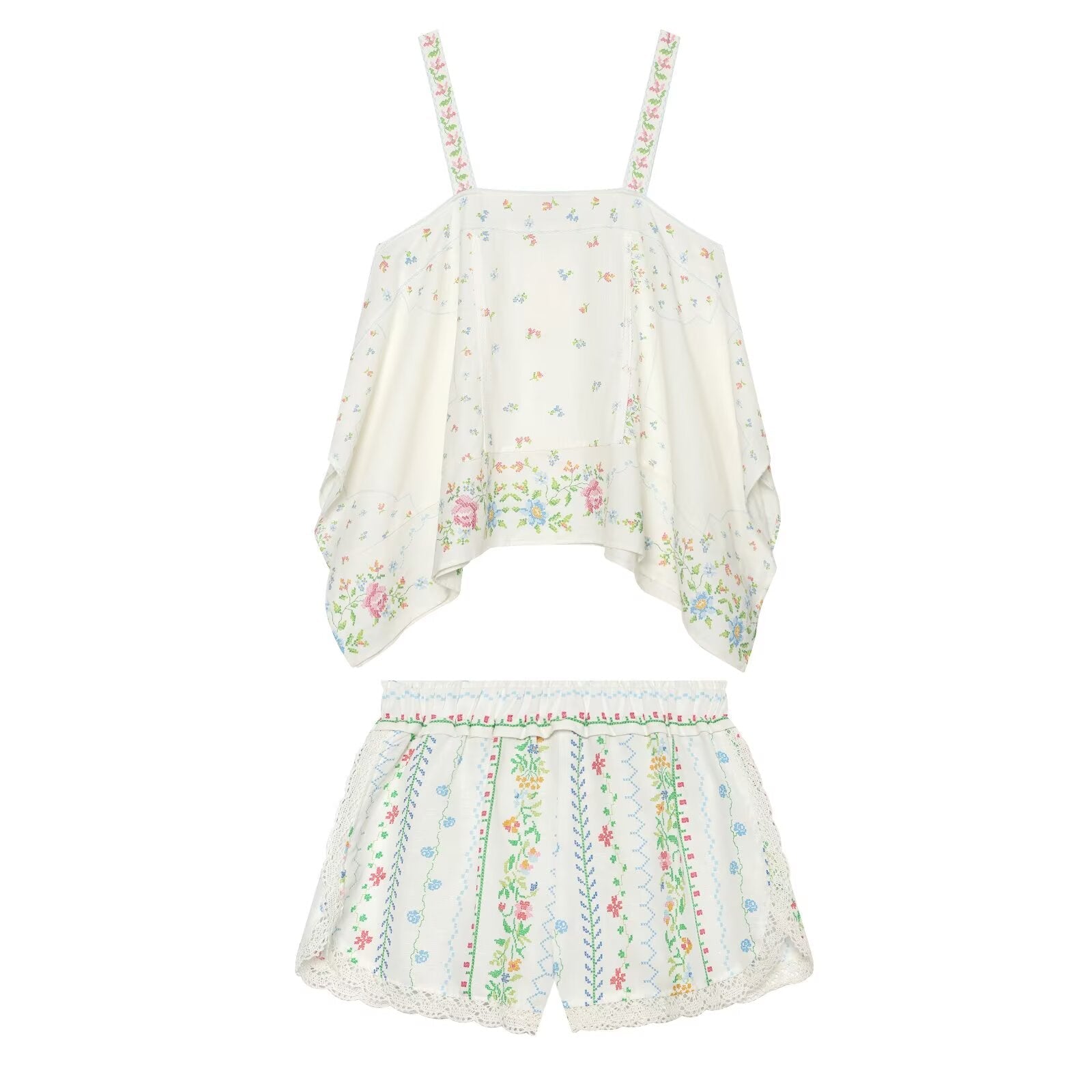 suit Women's 2 pieces linen blend printed asymmetrical top+shorts