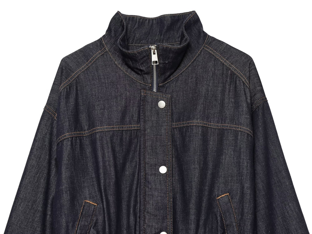 Women's waist belt decoration stand collar denim Coat