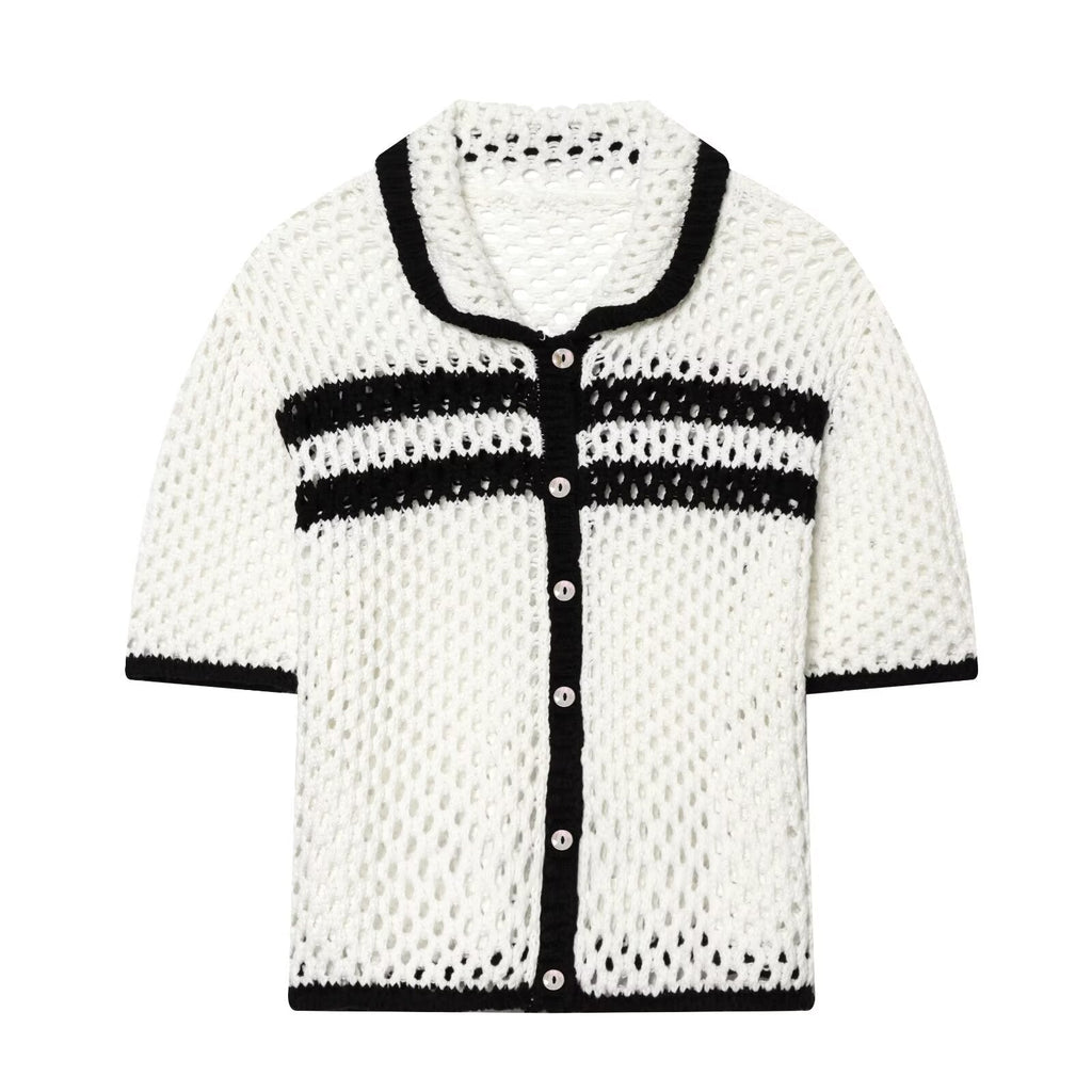 Women's POLO collar hollow knit Coat