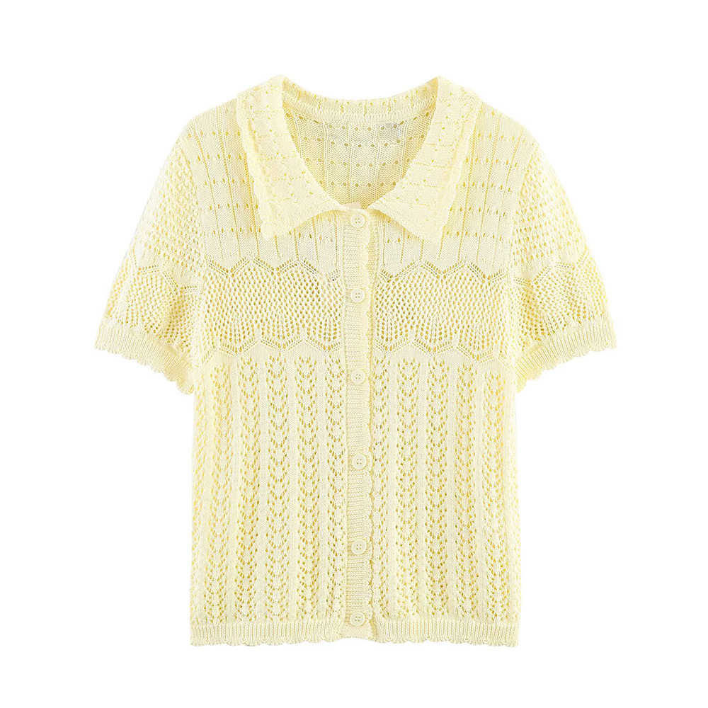 Women's short sleeved hollow knitted cardigan
