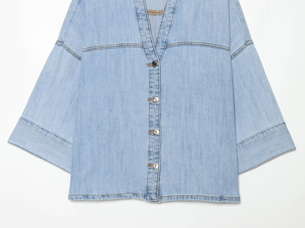 suit Women's 2 pieces wide sleeved denim shirt+wide leg jeans