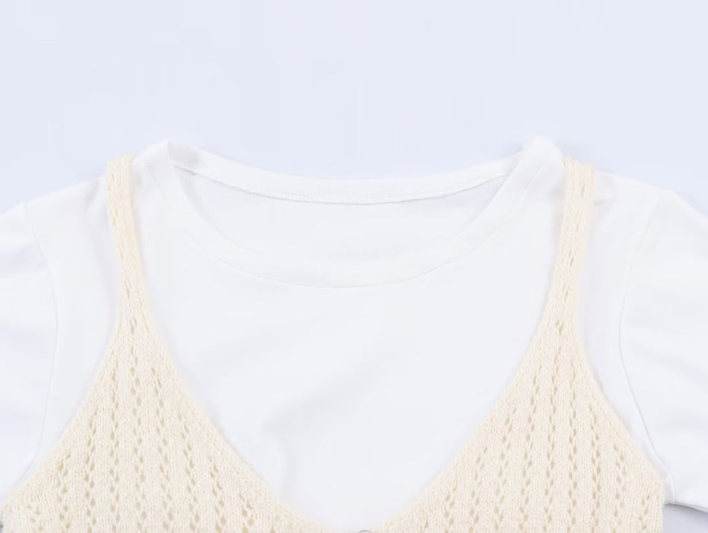 Women's casual hollow texture two-piece style knitted top
