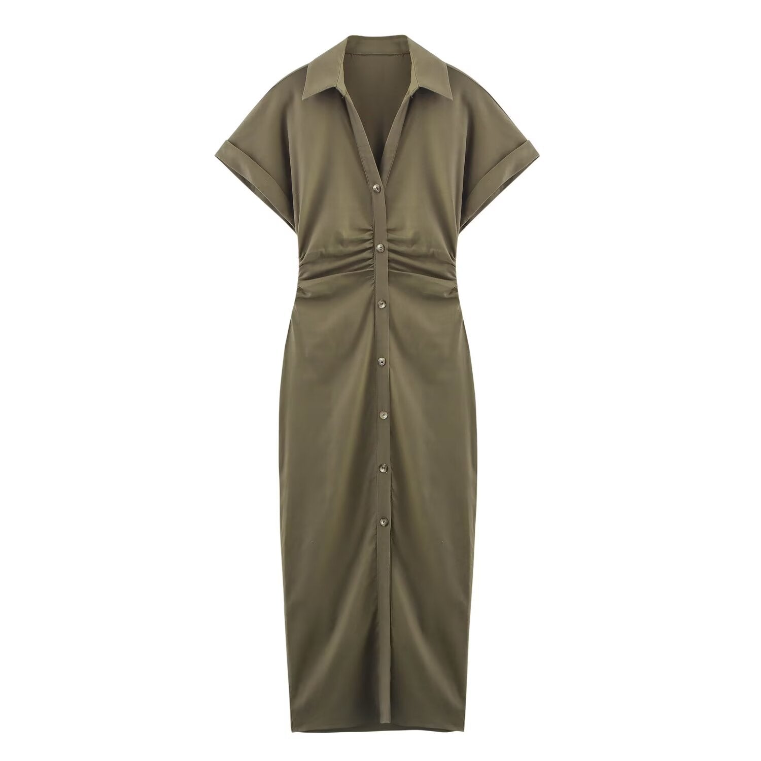 Women's new chic fashion pleated decoration slim single breasted linen blended MIDI dress retro short sleeved women's dress