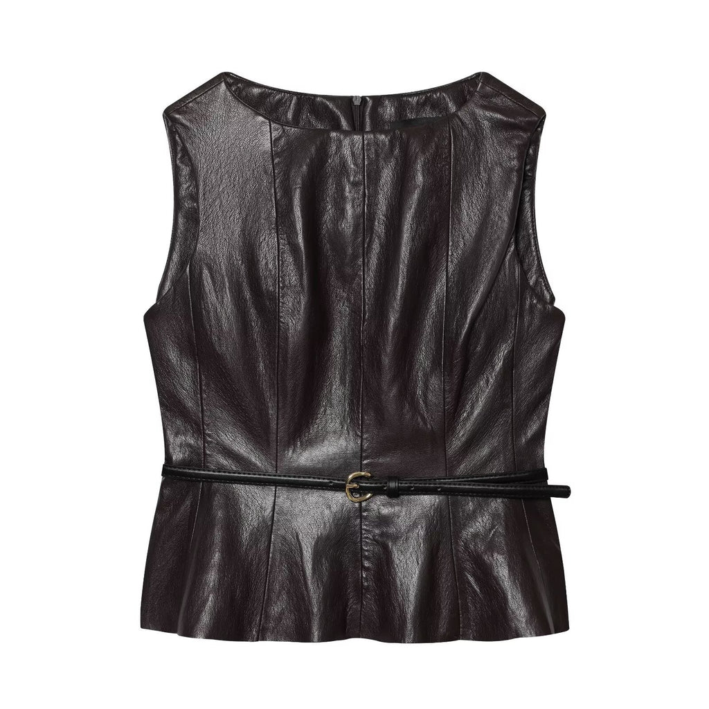 suit Women's 2 pieces with Belt faux leather effect sleeveless top+Skirts