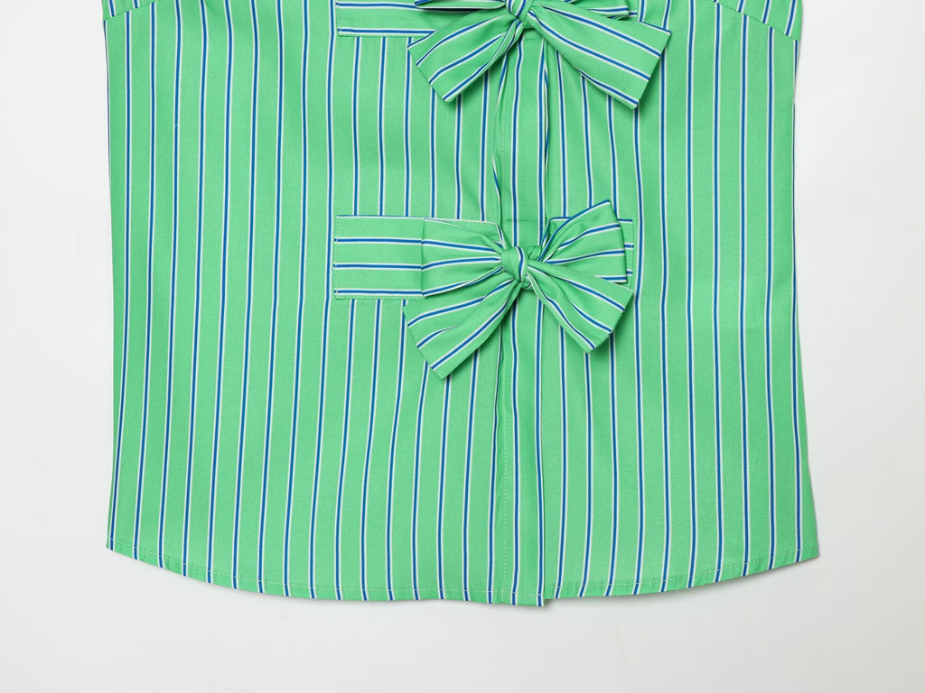 Women's bow decoration striped sleeveless shirt