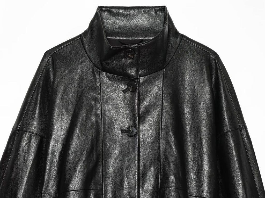 Women's black chimney collar faux leather Coat