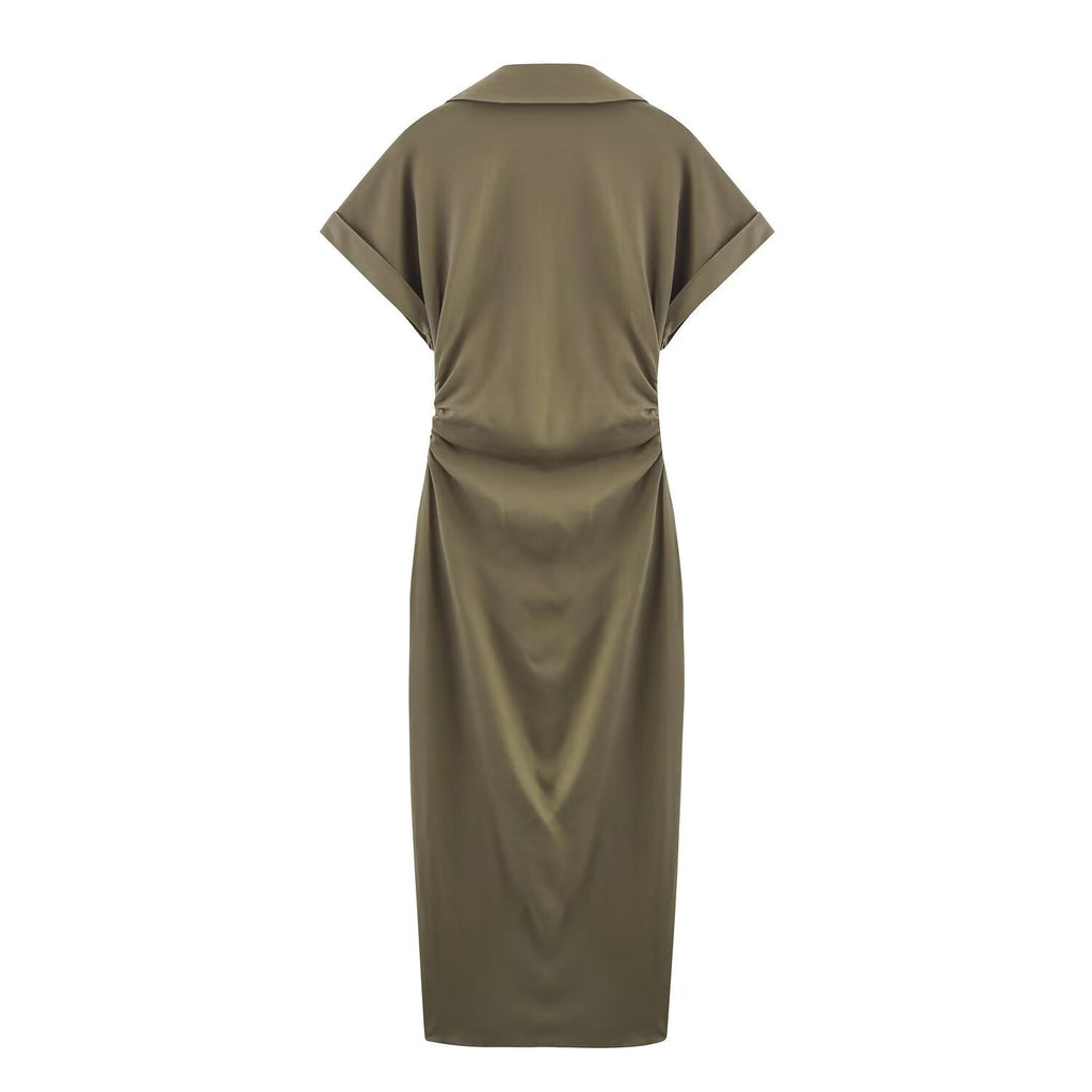 Women's new chic fashion pleated decoration slim single breasted linen blended MIDI dress retro short sleeved women's dress