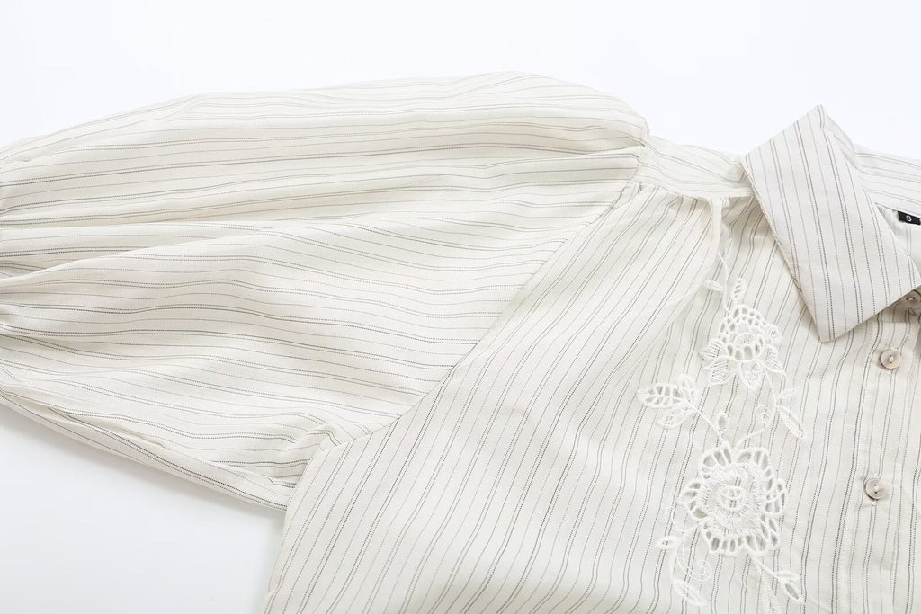 Women's hollowed out embroidered striped shirt