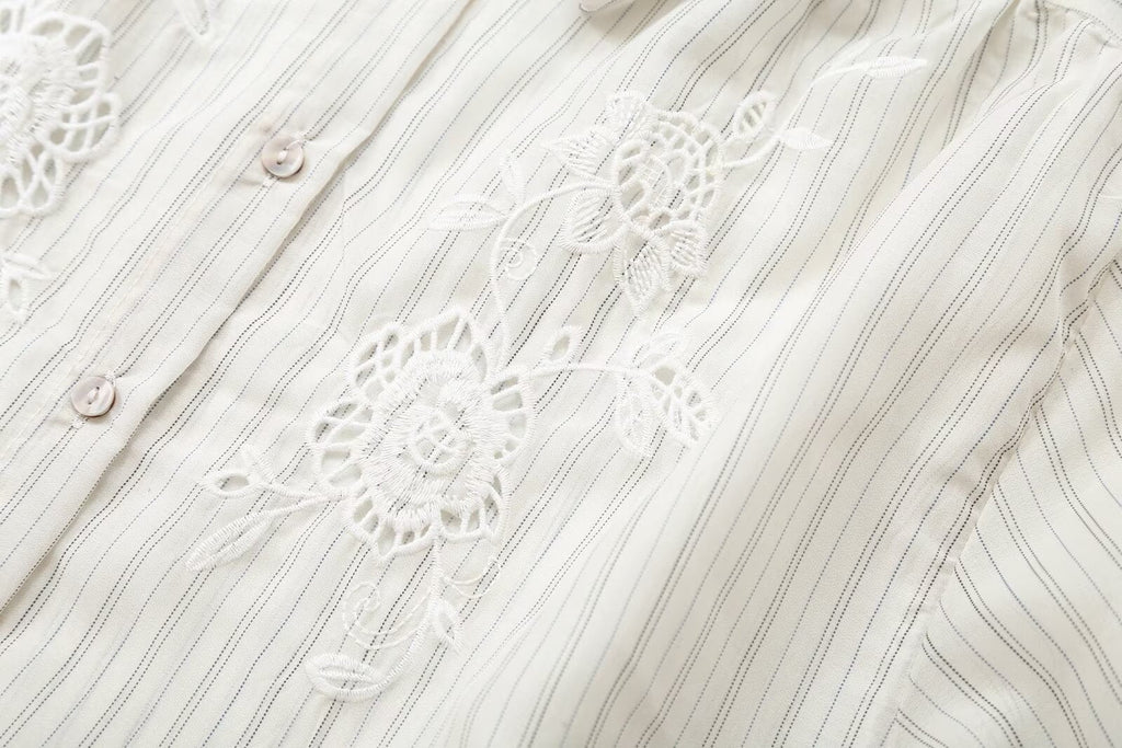 Women's hollowed out embroidered striped shirt