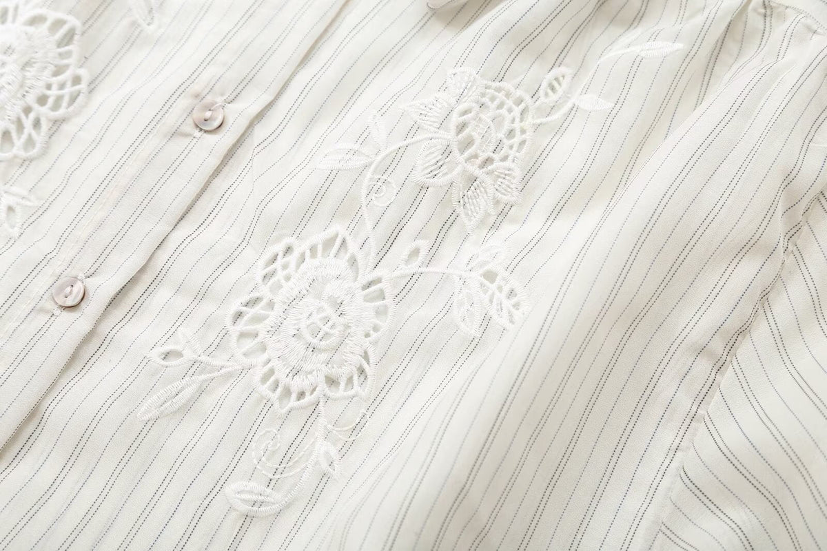 Women's hollowed out embroidered striped shirt