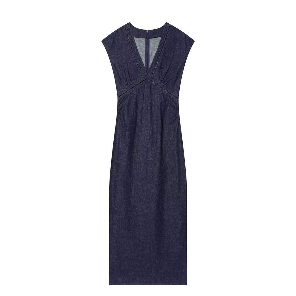 Women's V-neck patchwork pleated denim dress
