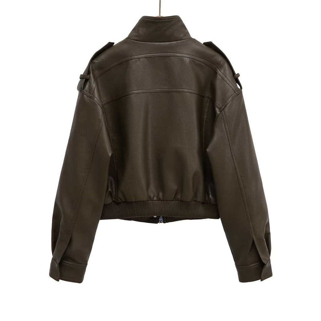 Women's short standing collar Faux Leather jacket Coat