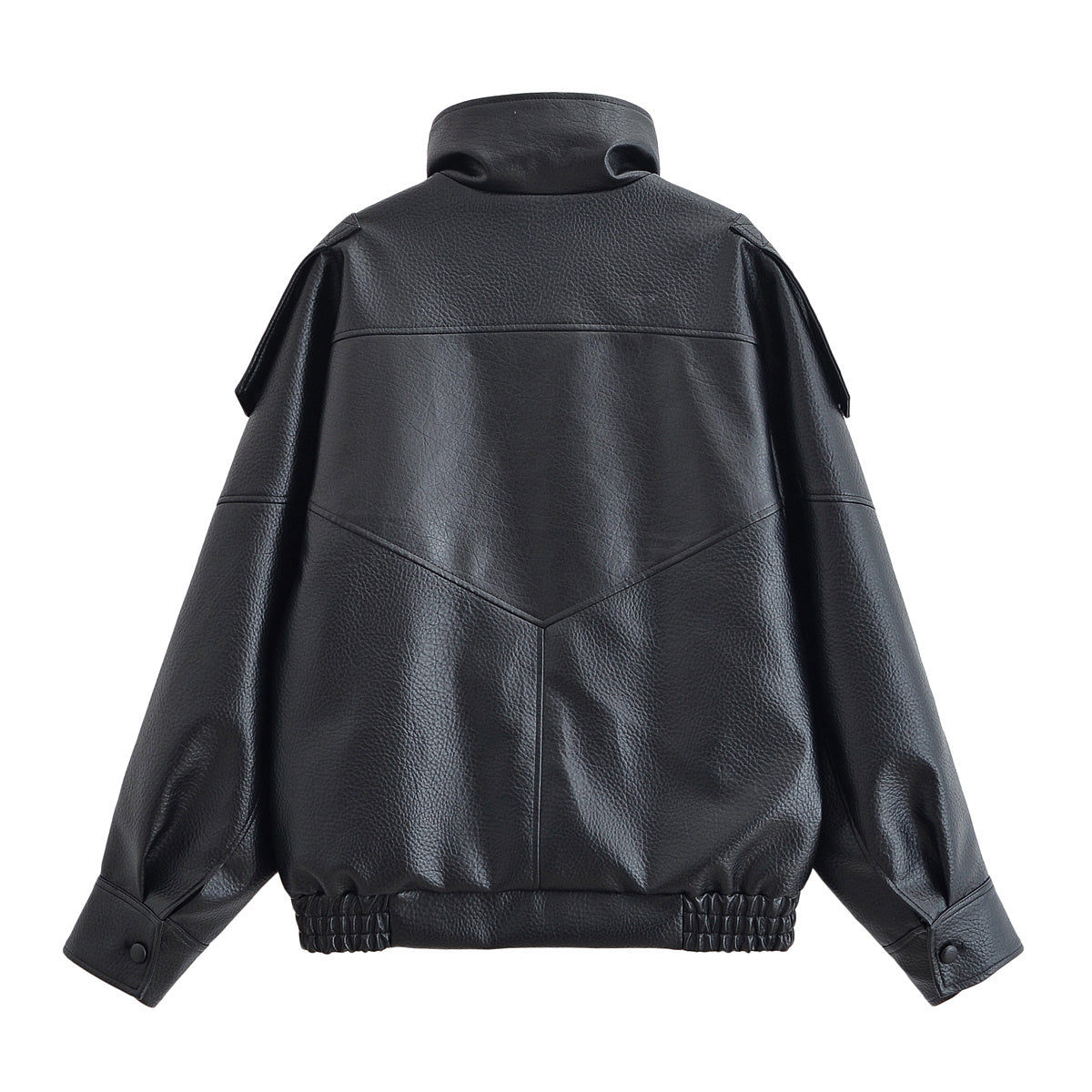 Women's 2025 fashion black stand collar patterned leather jacket Coat