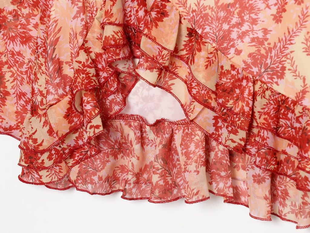 Women's V-neck printed ruffle mini dress