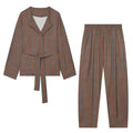 suit Women's 2 pieces with Belt linen blend striped Blazer Coat+Pants