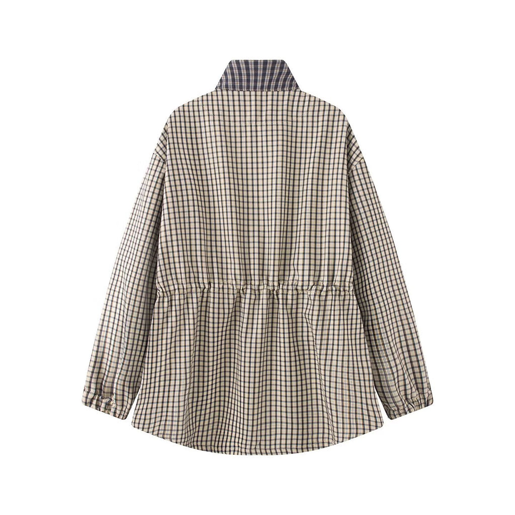 Women's stand collar casual waist cinched plaid Coat
