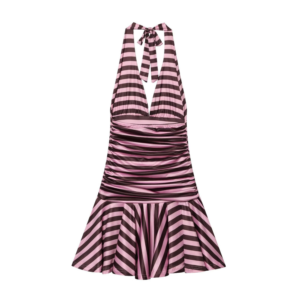 Women's striped pleated V-neck halter neck dress