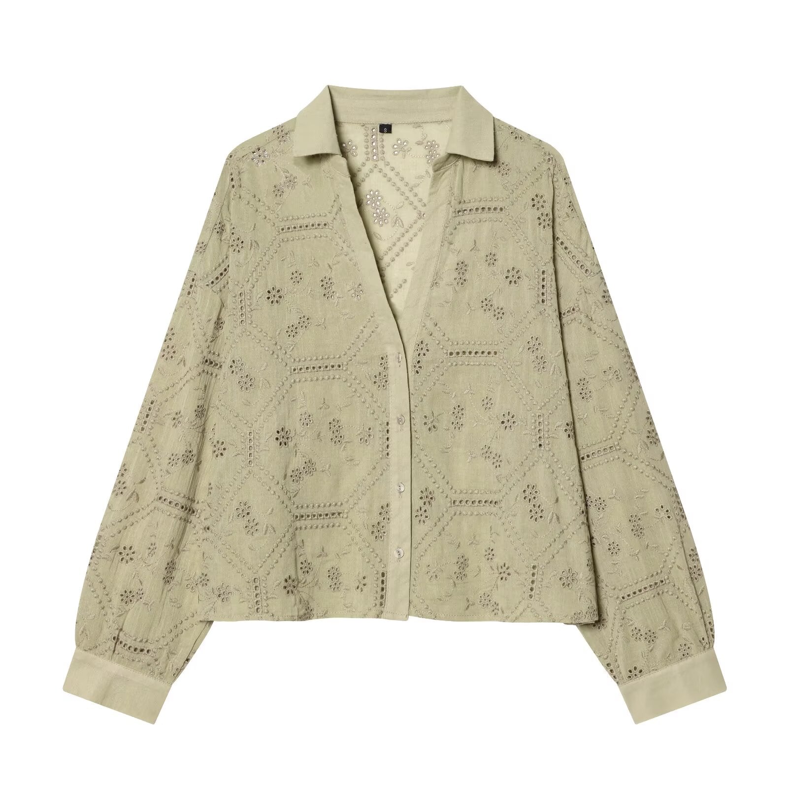 Women's hollowed out embroidered lapel shirt