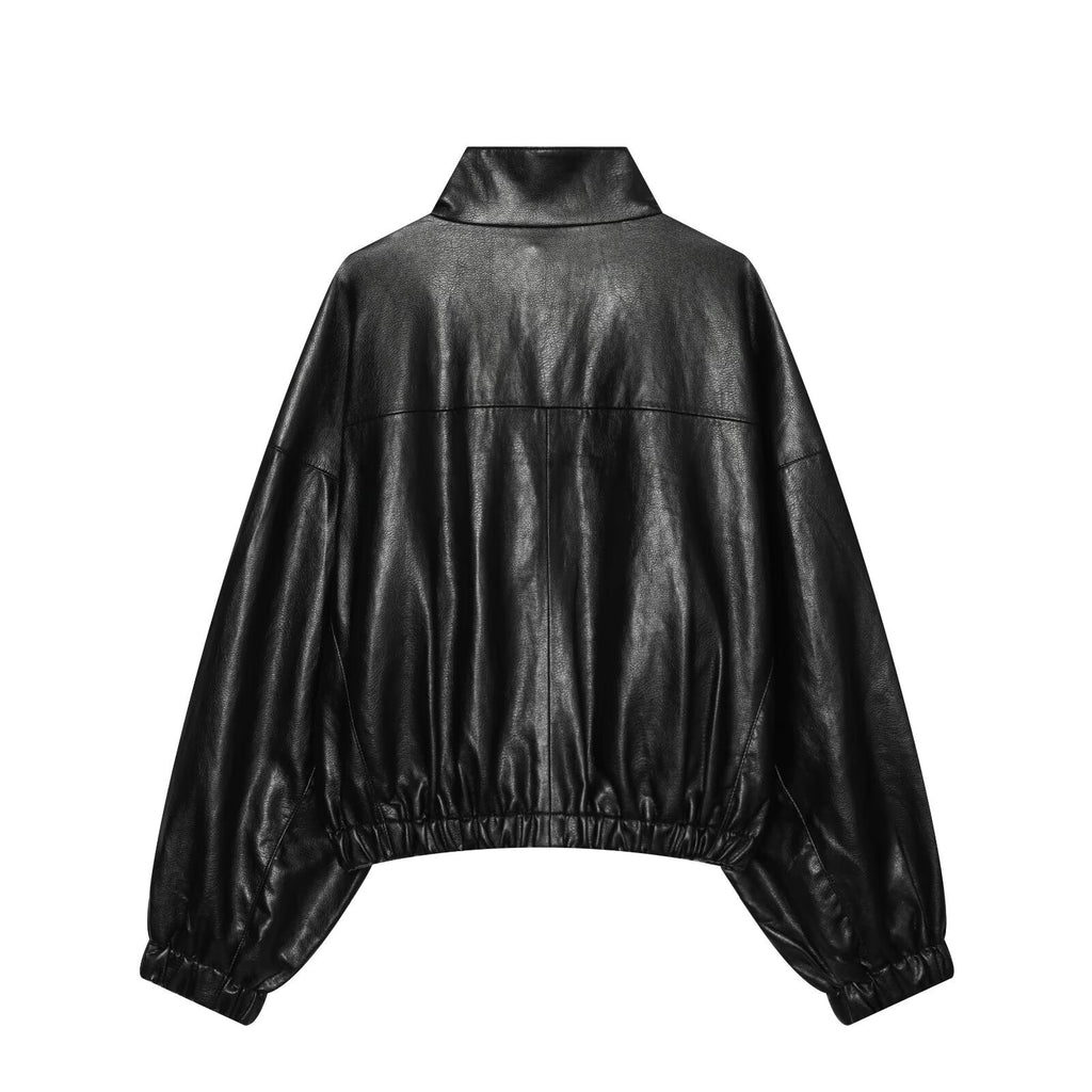 Women's black chimney collar faux leather Coat