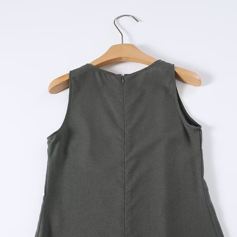 Women's solid sleeveless linen blended MIDI dress