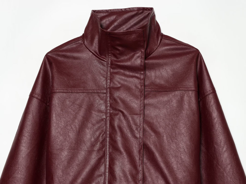 Women's with belt standing collar faux leather Coat