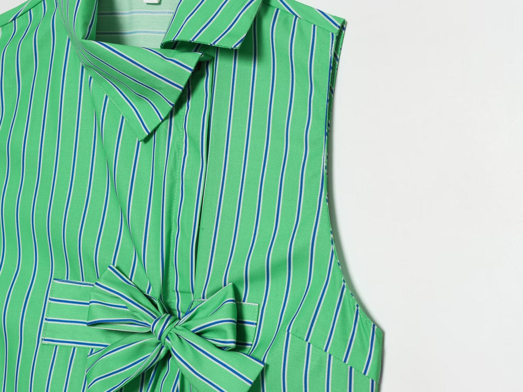 Women's bow decoration striped sleeveless shirt