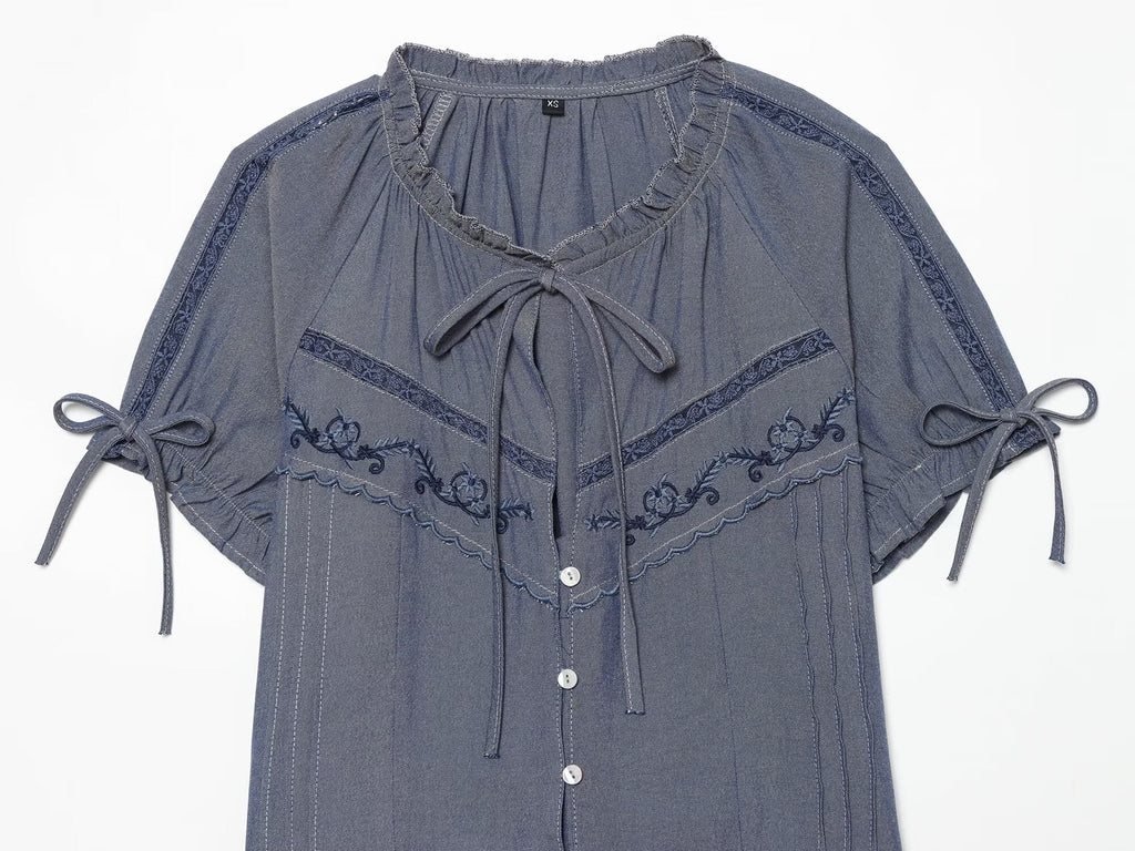 Women's bow decoration embroidered shirt