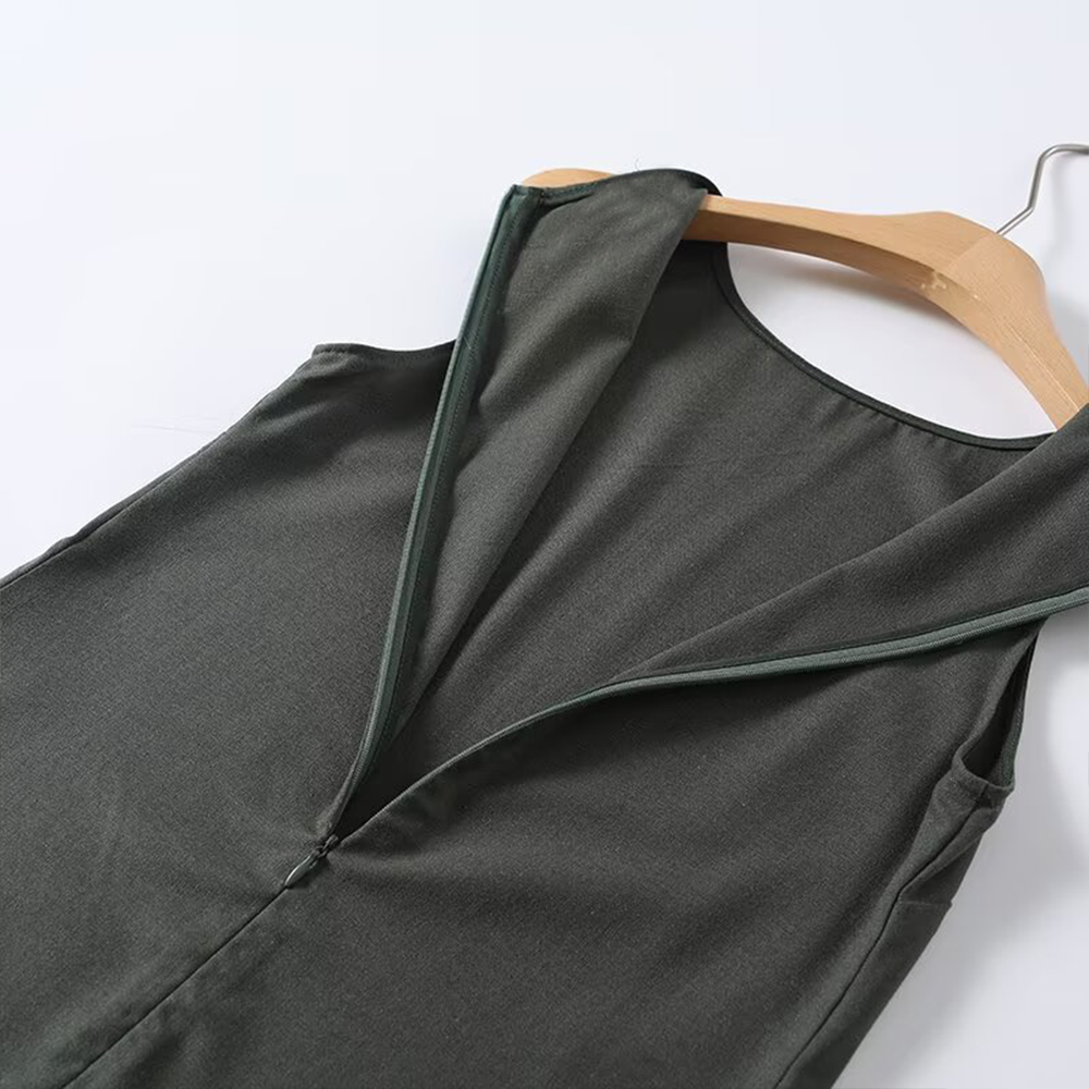 Women's solid sleeveless linen blended MIDI dress