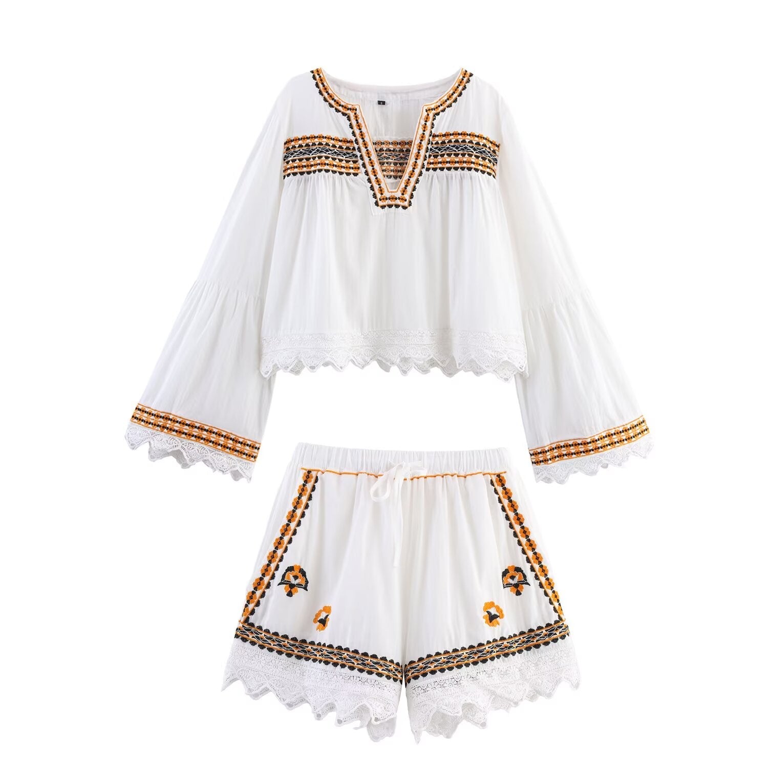 suit Women's 2 pieces casual embroidered V-neck shirt+Shorts