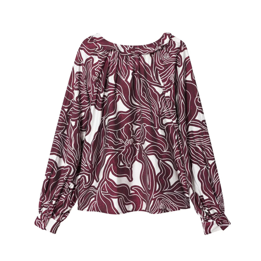 Women's new fashion lace up collar long sleeved printed shirts