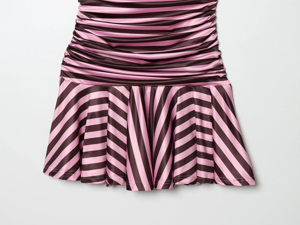 Women's striped pleated V-neck halter neck dress
