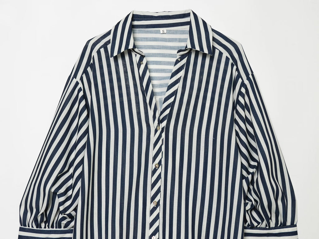 Women's bubble sleeve linen striped shirt
