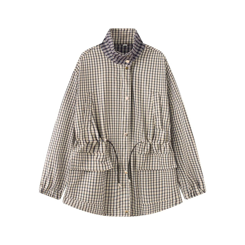 Women's stand collar casual waist cinched plaid Coat