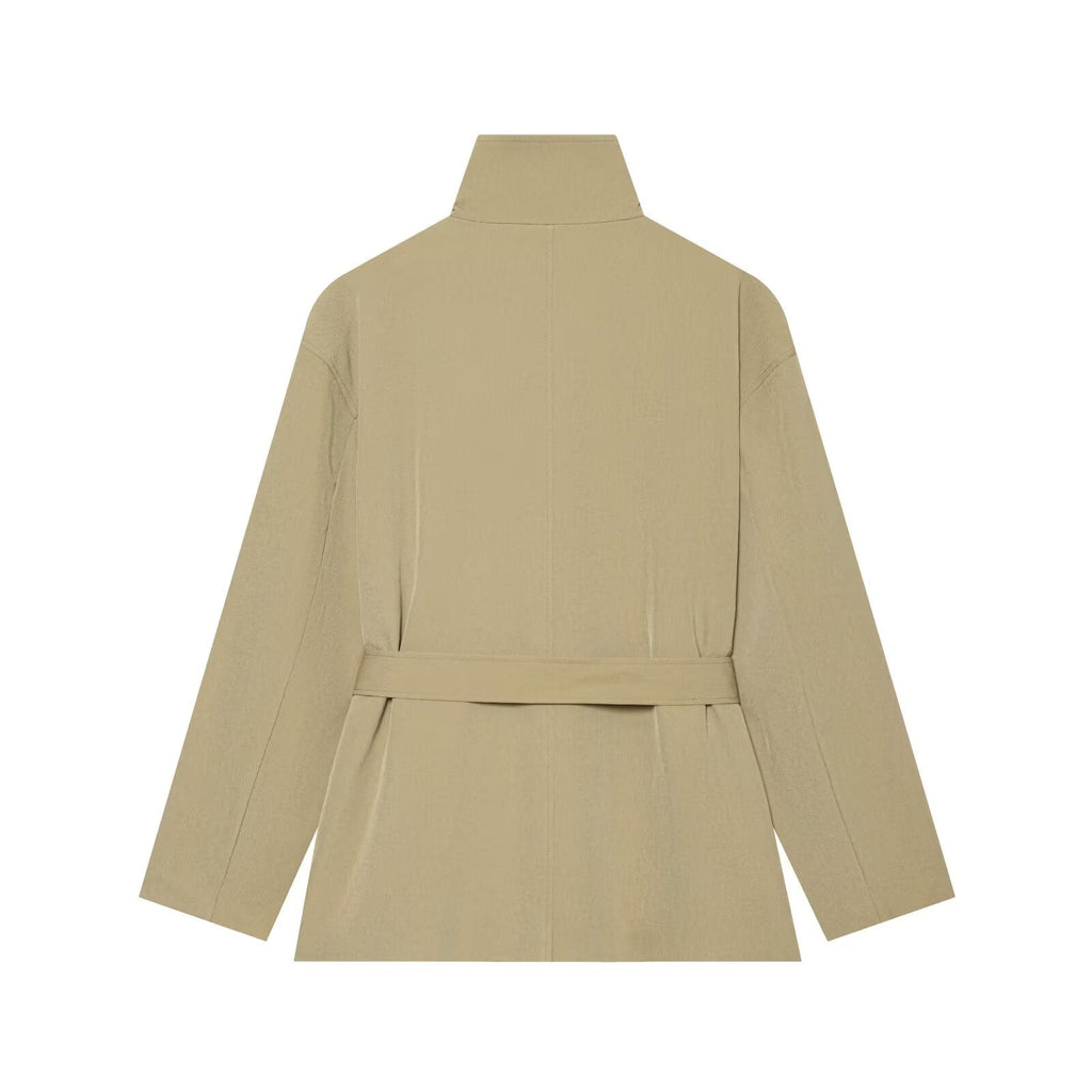 Women's with belt loose stand collar windbreaker Coat