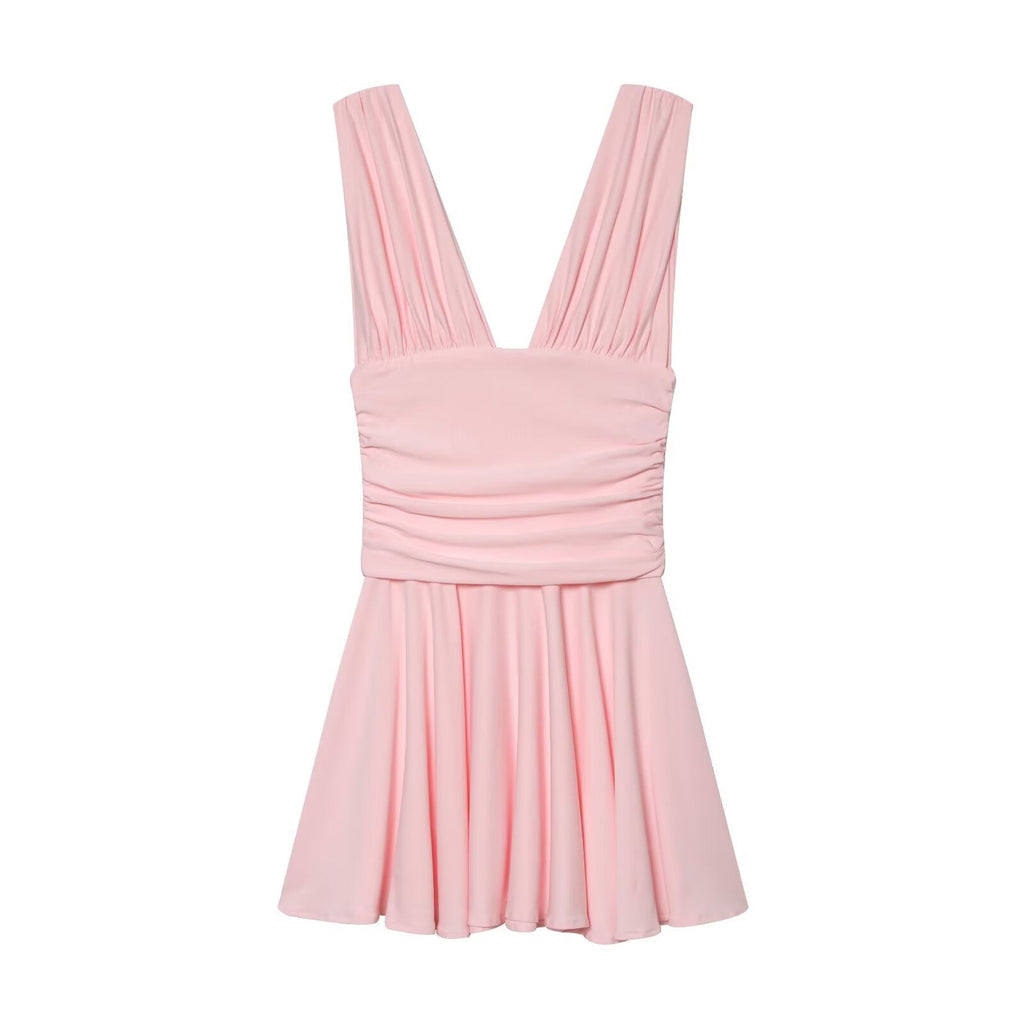 Women's pleated decorative sleeveless mini dress