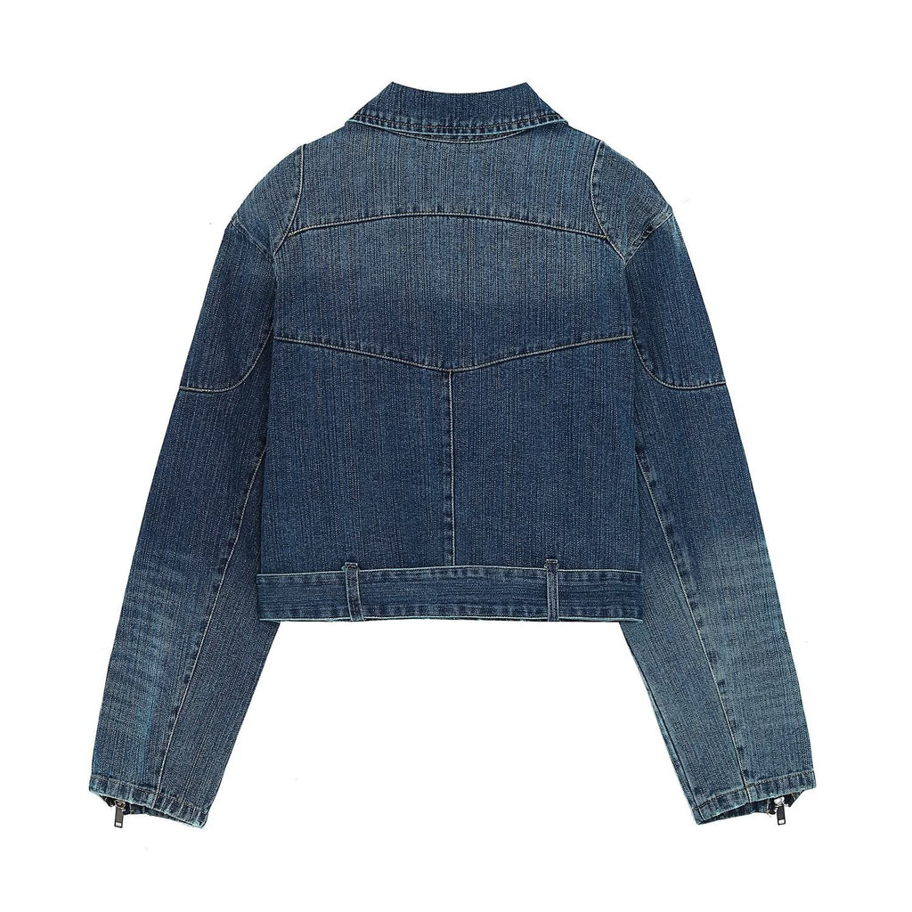 Women's belt decoration denim motorcycle style jacket Coat