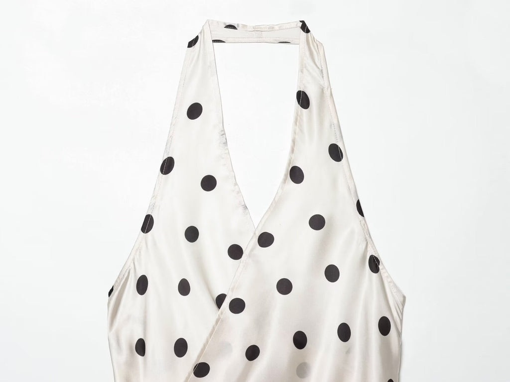 Women's Satin textured polka dot hanging neck top
